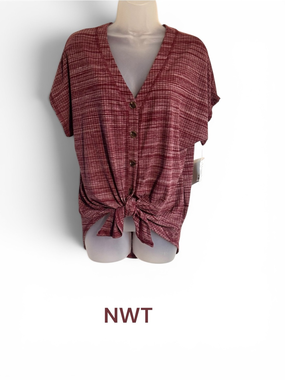 NWT FAUX Button-Front Tie Hem Top in Wine   LARGE   #2
